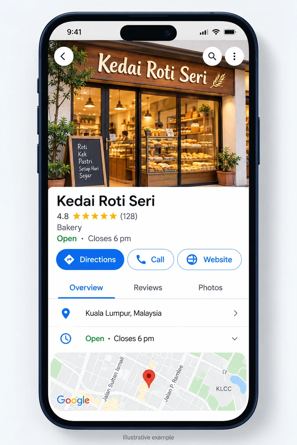 Illustrative mobile Google Maps profile for fictional bakery Kedai Roti Seri, showing its shopfront, 4.8-star rating, opening hours, Directions, Call and Website buttons, and location map.